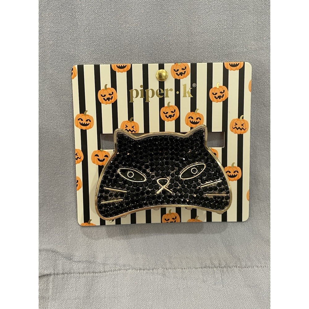 NEW Piper K - Gold Colored Metal Hair Claw Clip - Halloween Rhinestone Black Cat